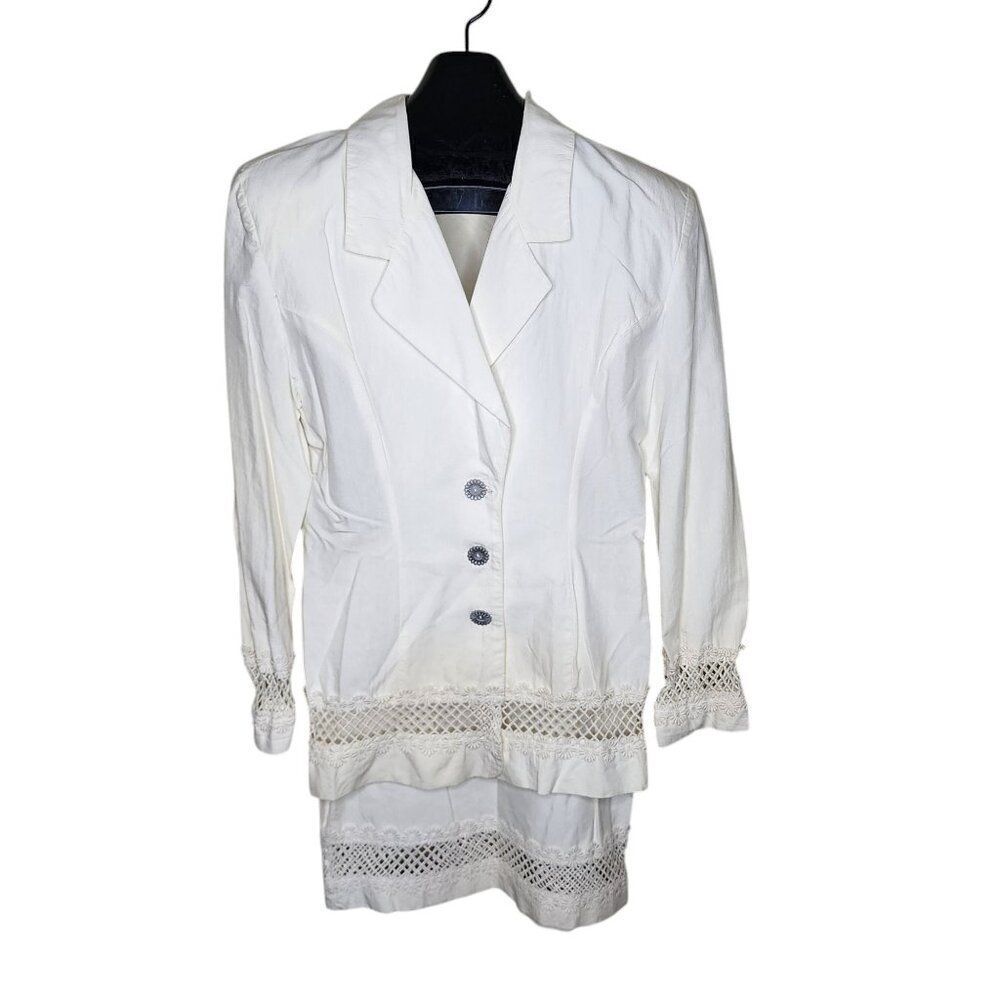 Vintage Nina K 2 Piece Eyelet Summer Skirt Suit Womens Size M White